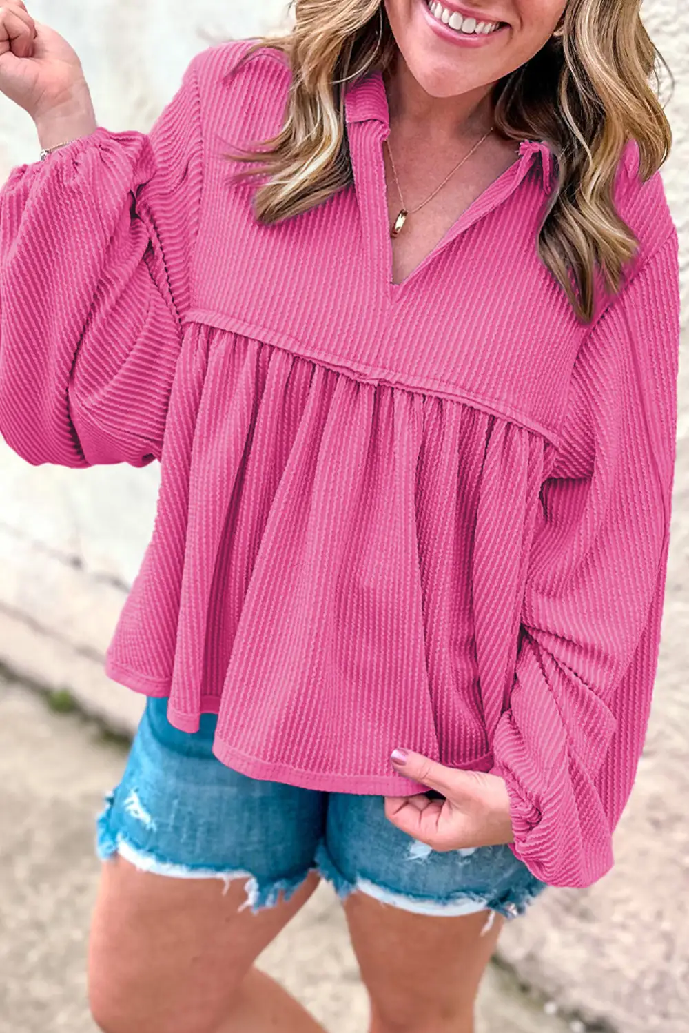 Bright Pink Corded Turn-Down V Neck Bubble Sleeve Babydoll Blouse