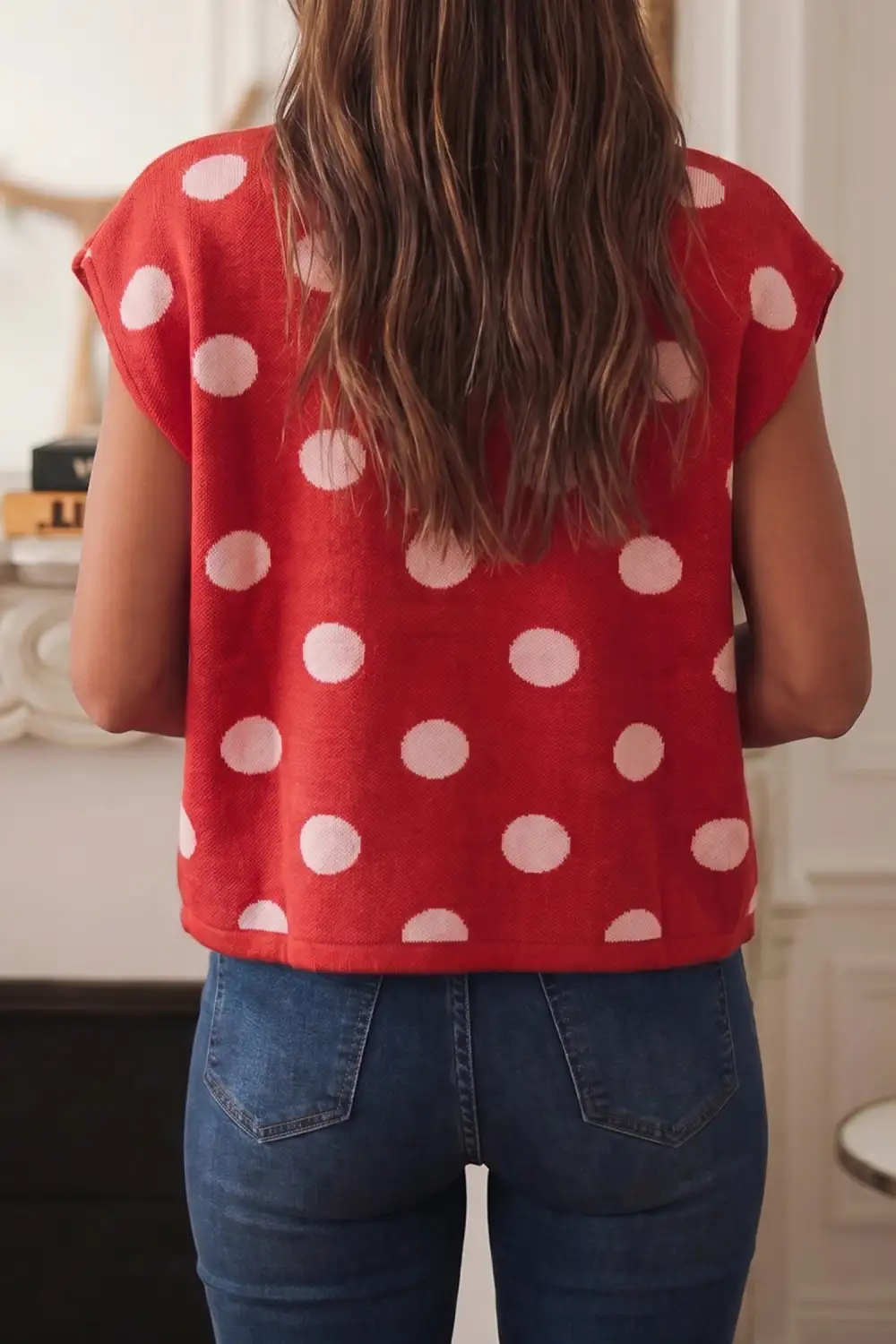 Polka Dot Sleeveless Vest with Buttons and Pockets Shift Silhouette Sweater Vest