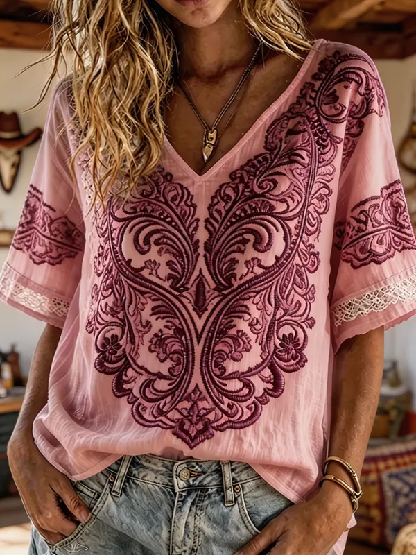 Women's Turquoise Paisley Embroidered Boho Western V-Neck Blouse