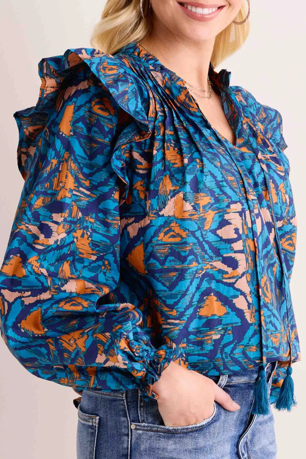 Blue Artistic Print Tie-Waist Long Sleeve Blouse