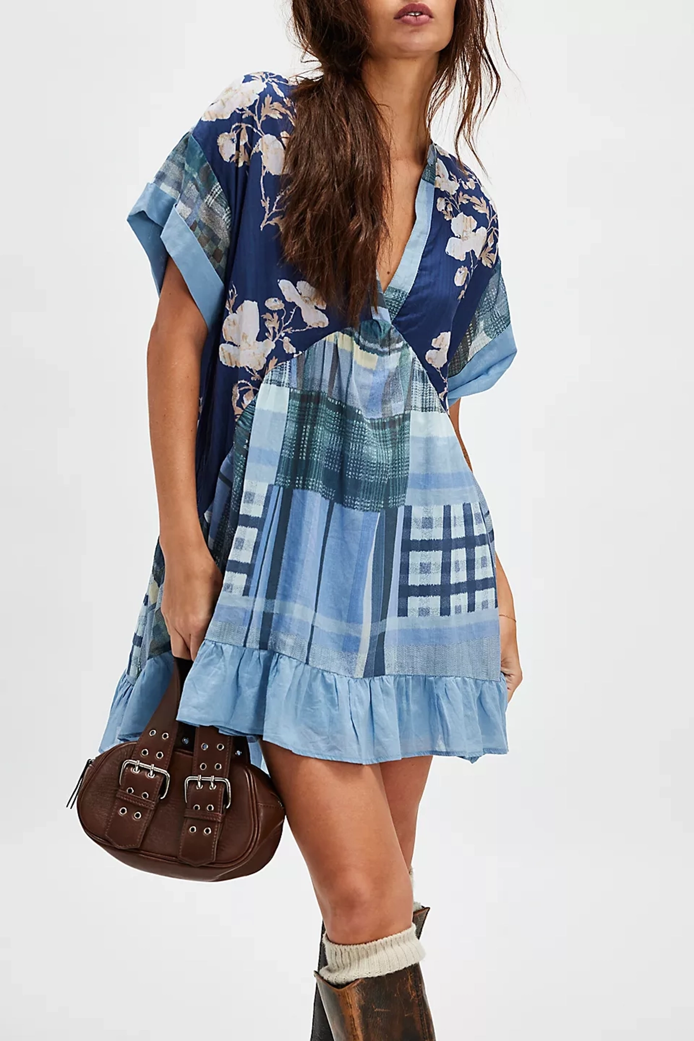 Patchwork Print Wrap Mini Dress