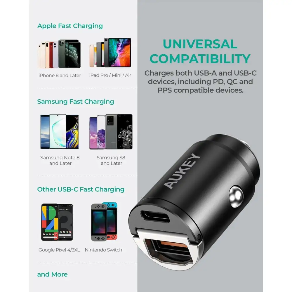 AUKEY CC-A3 Dual-Port(USB-C/USB-A) Car Charger - 30W 10-Pack Value Bundle