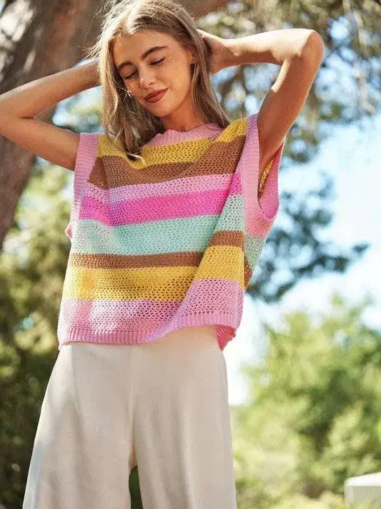 In a World Full of Color Crochet Multi Striped Sleeveless Knit Sweater