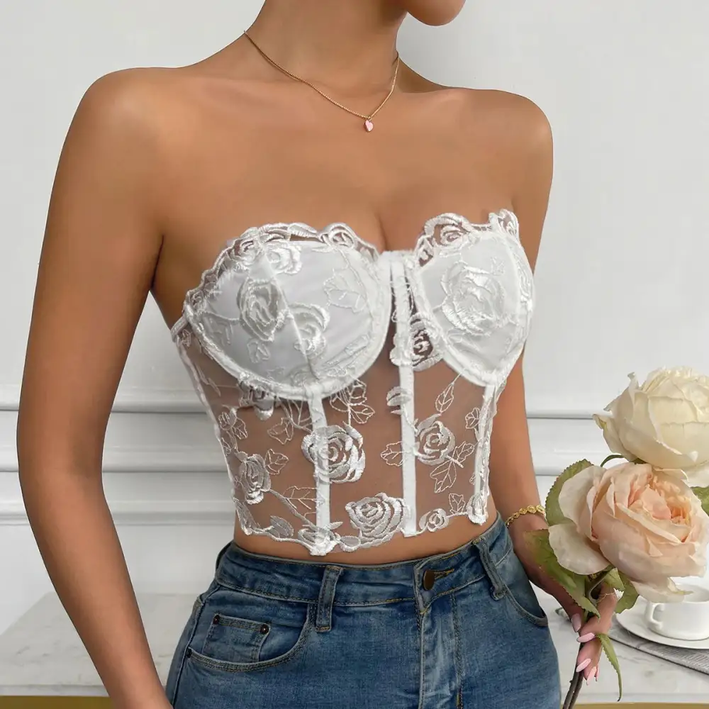 Longline Bra with Rose Motif