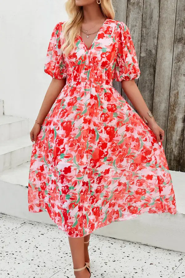 Smocked Printed V Neck Casual Dress