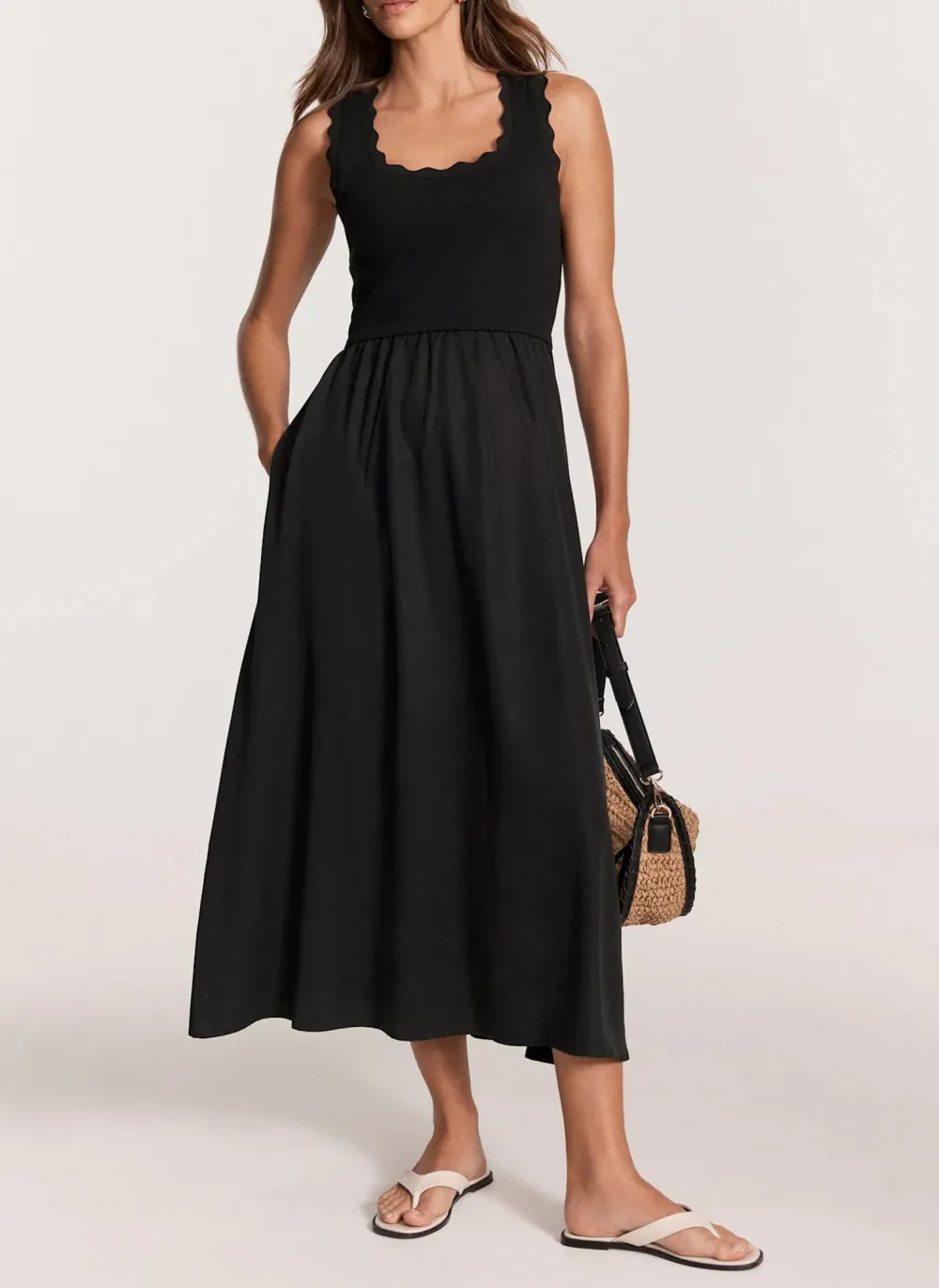 Casual Style Scallop Trim Midi Dress