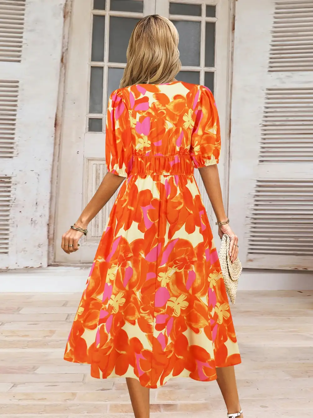 Boho Chic  Ruched Printed Surplice Short Sleeve Dress