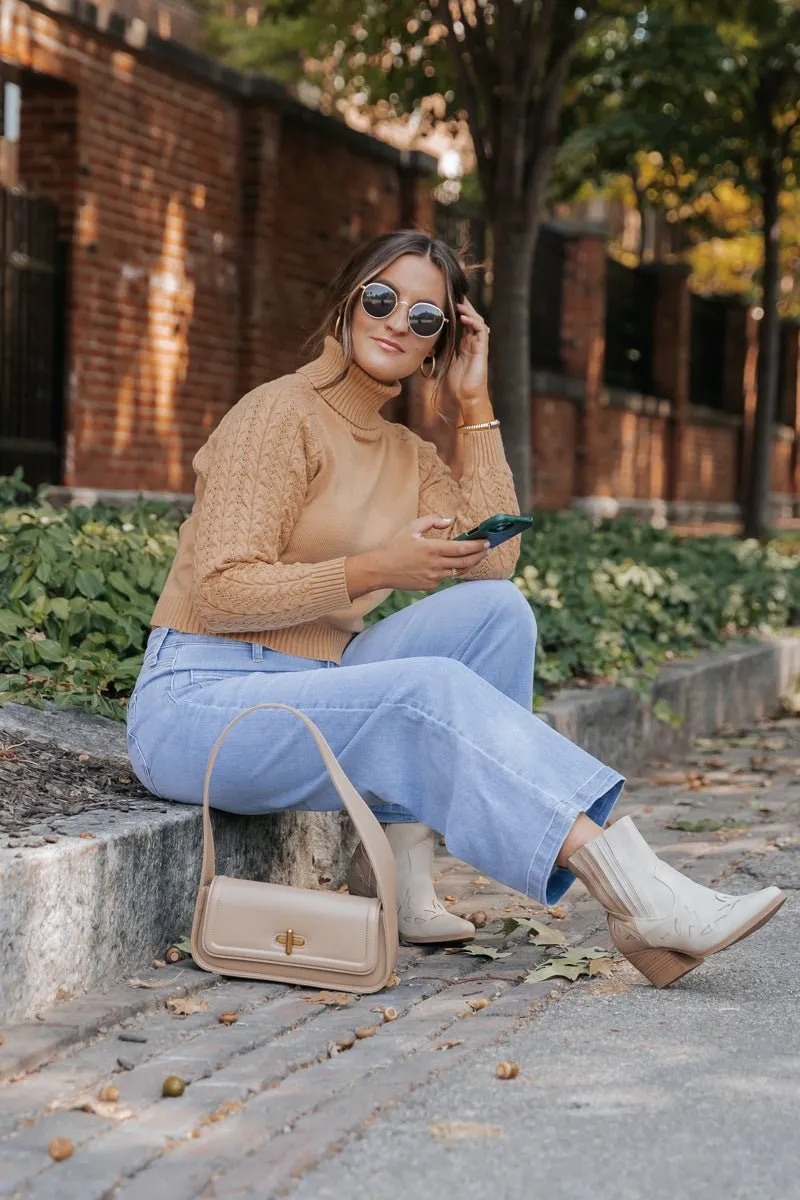 Camel Cable Knit Sleeve Turtleneck Sweater