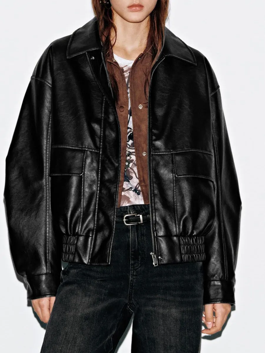 A Fashionable Black Lapel And Cinched Waist Leather Jacket For Ladies