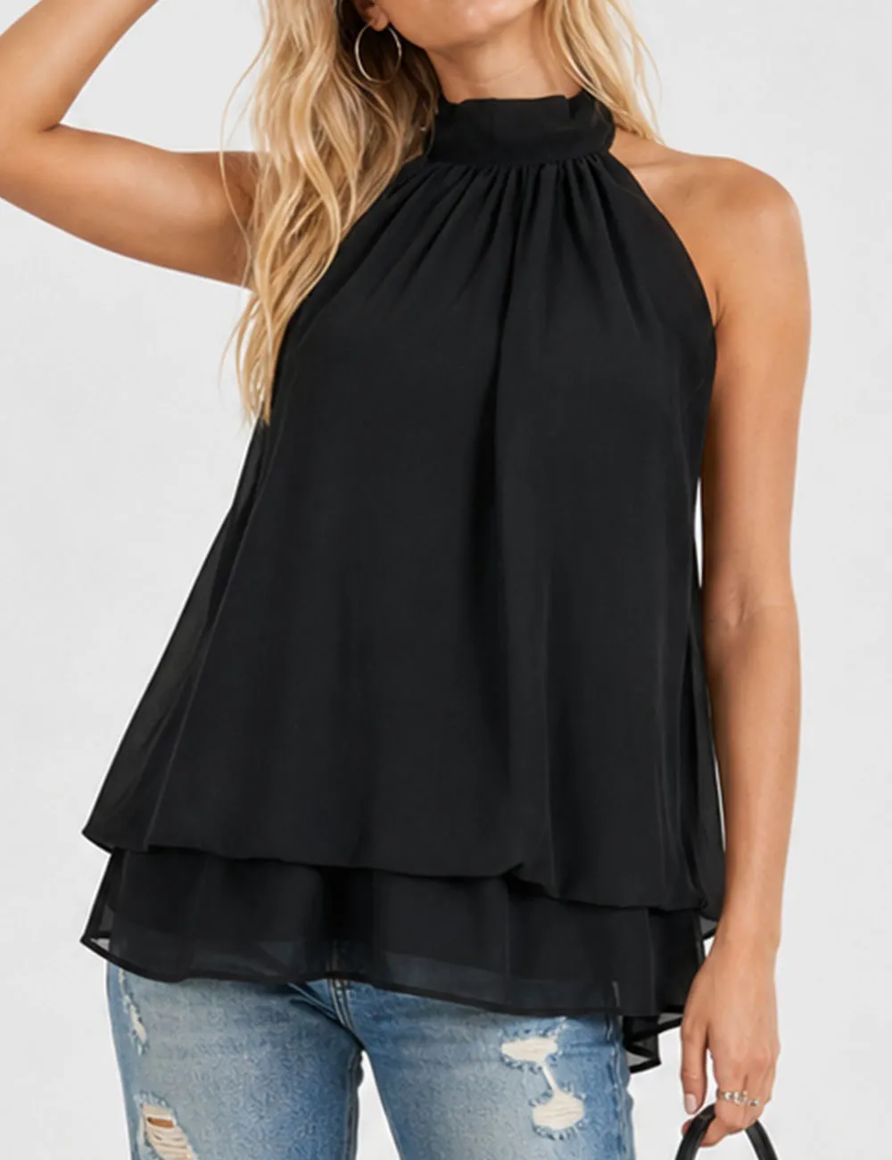 Chiffon Stand Neck Solid Color Ruffle Hem Sleeveless Top