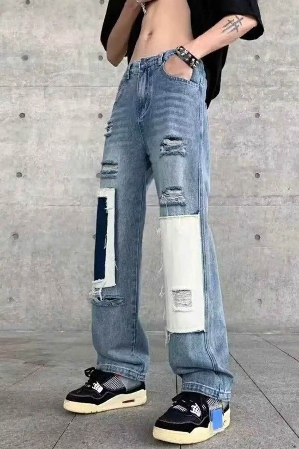 Ripped Patchwork Wide Leg Jeans