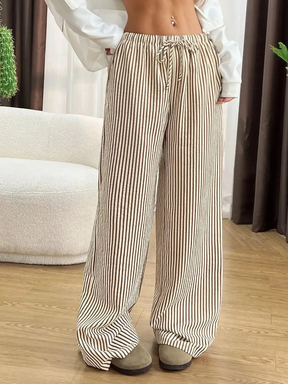 Full Size Striped Drawstring Waist Wide Leg Pants