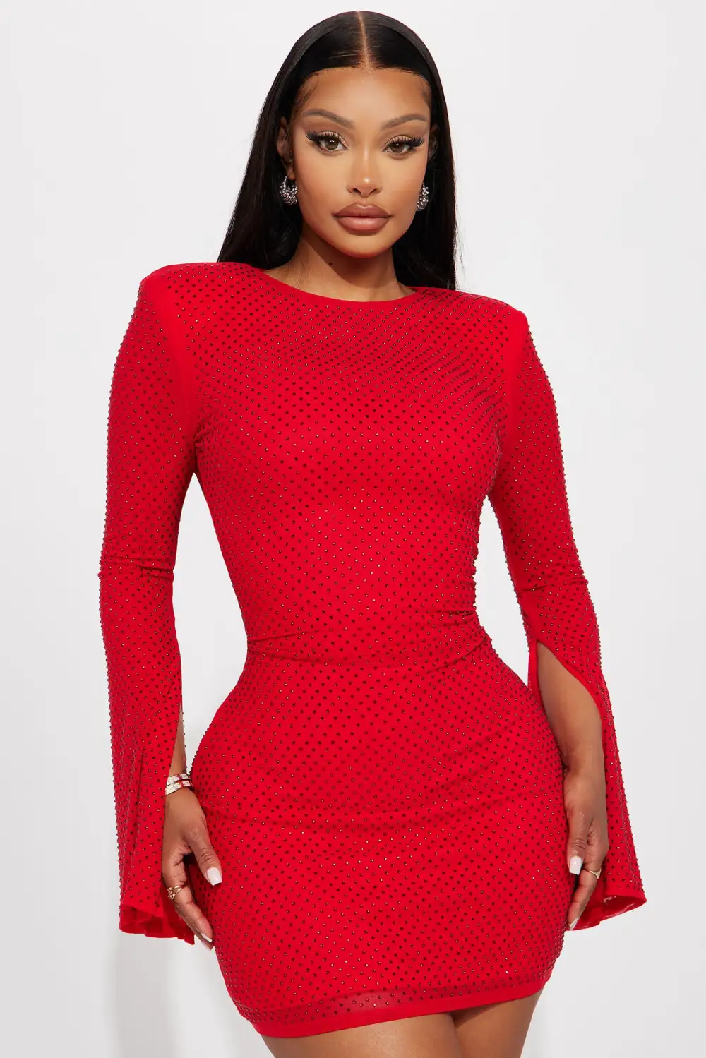 Sarah Rhinestone Mesh Mini Dress - Red