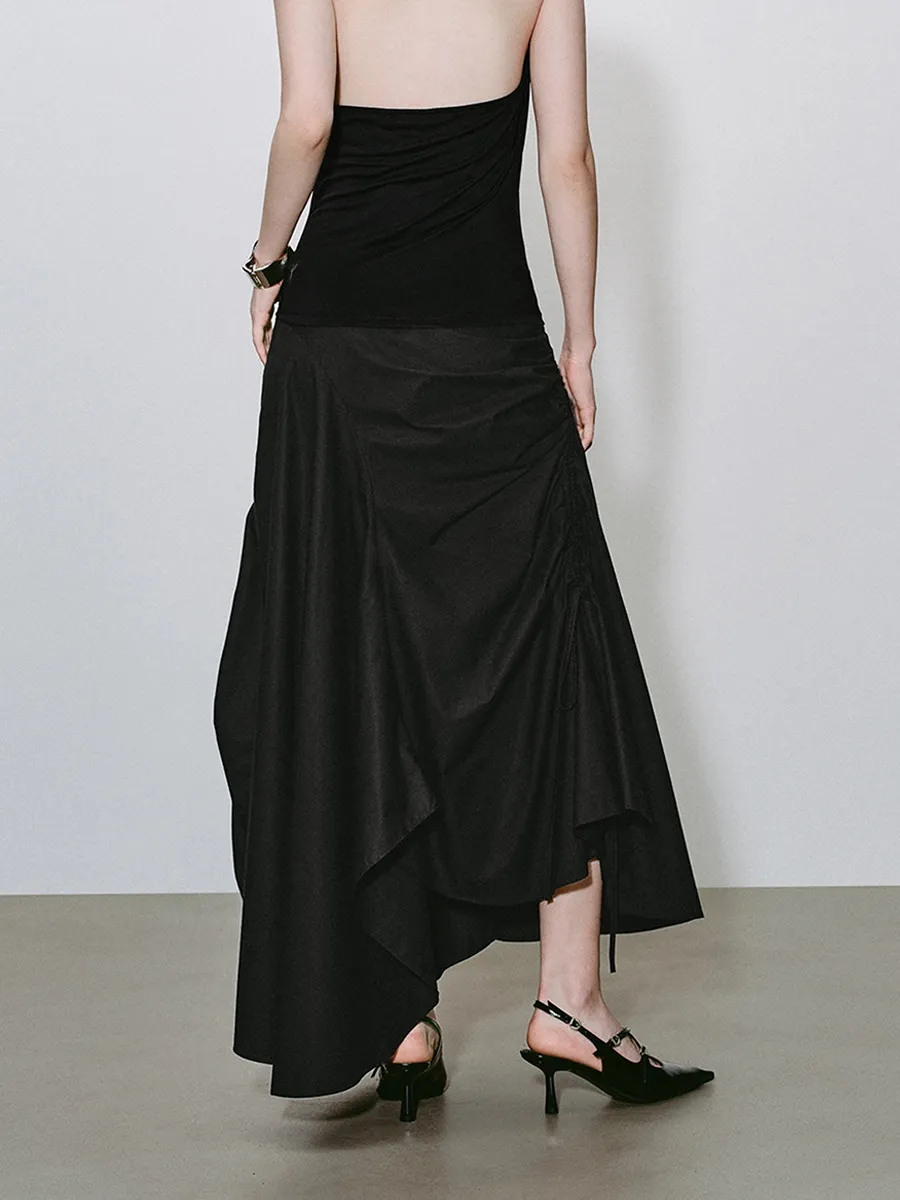 Ladies Black Irregularly Pleated Elegant Half-Length Dress