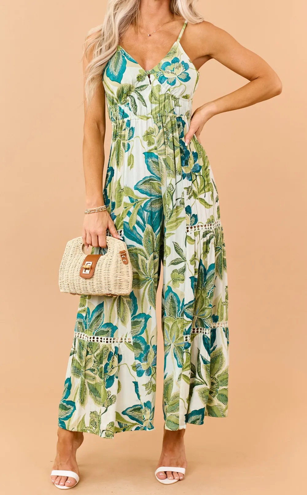 Mint Floral Print Open Back Wide