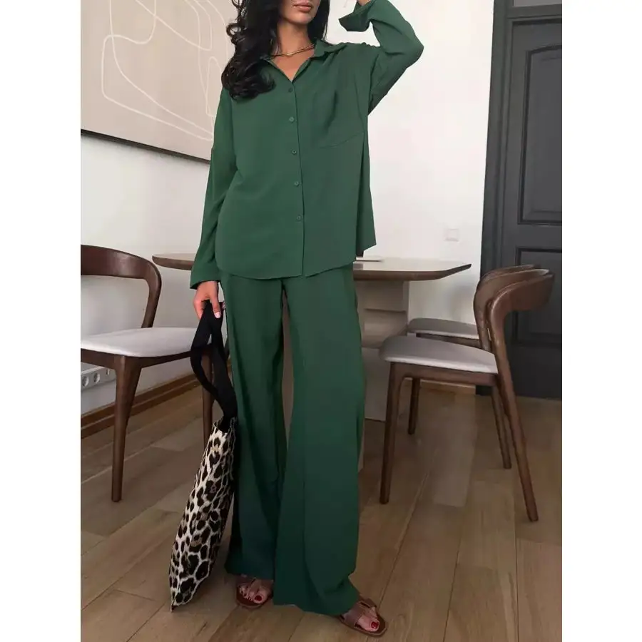 Button Up Long Sleeve Shirt and Pants Set