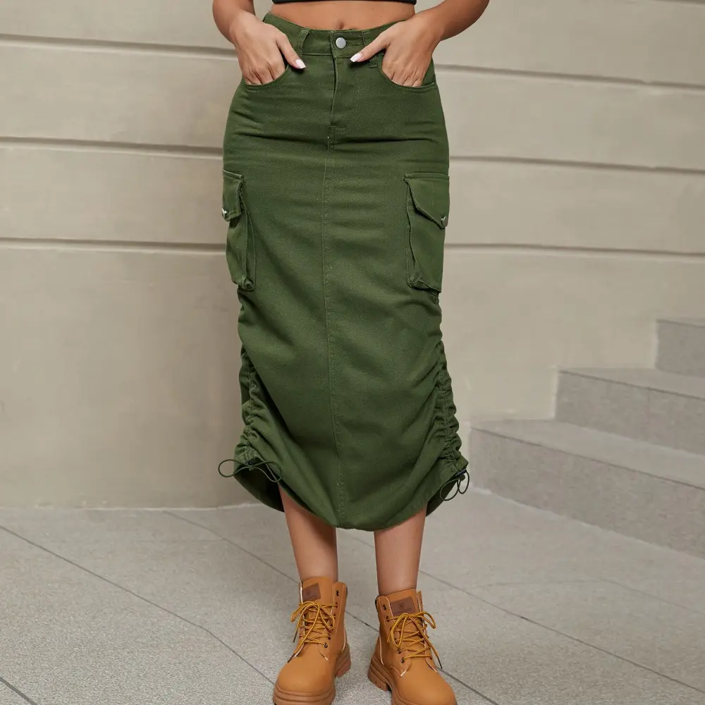 Drawstring Ruched Slit Midi Skirt