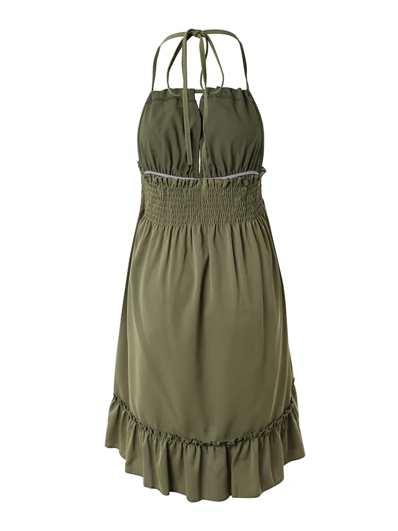 Solid Color Halter Neck Suspender Dress
