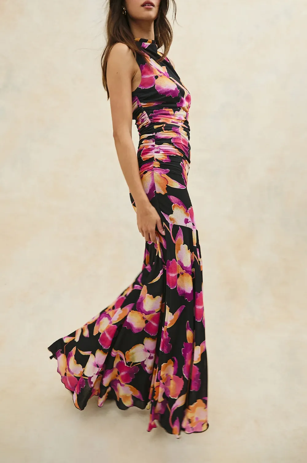 High-Necked Fitted Floral Women's Long Dress