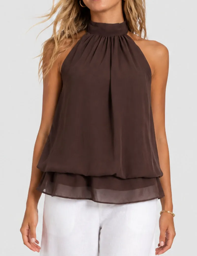 Chiffon Stand Neck Solid Color Ruffle Hem Sleeveless Top