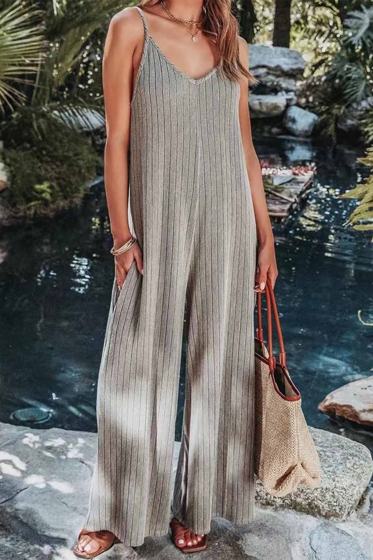 Solid Color Ribbed Sleeveless Wide Leg Jumpsuit