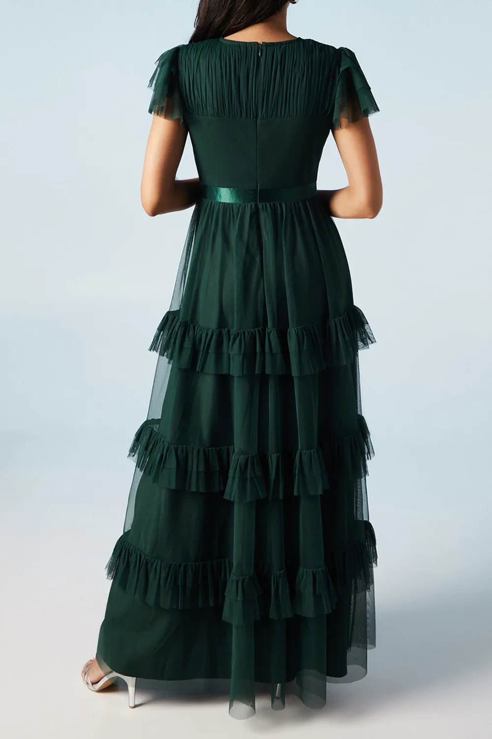 Green Mesh Dress With Multiple Hems For Women