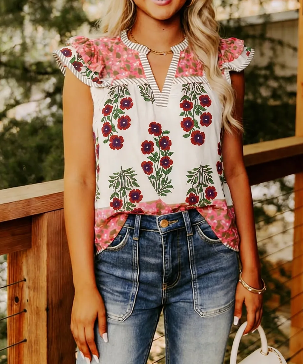 White Floral Print Contrast Striped Trim Flutter Cotton Blouse