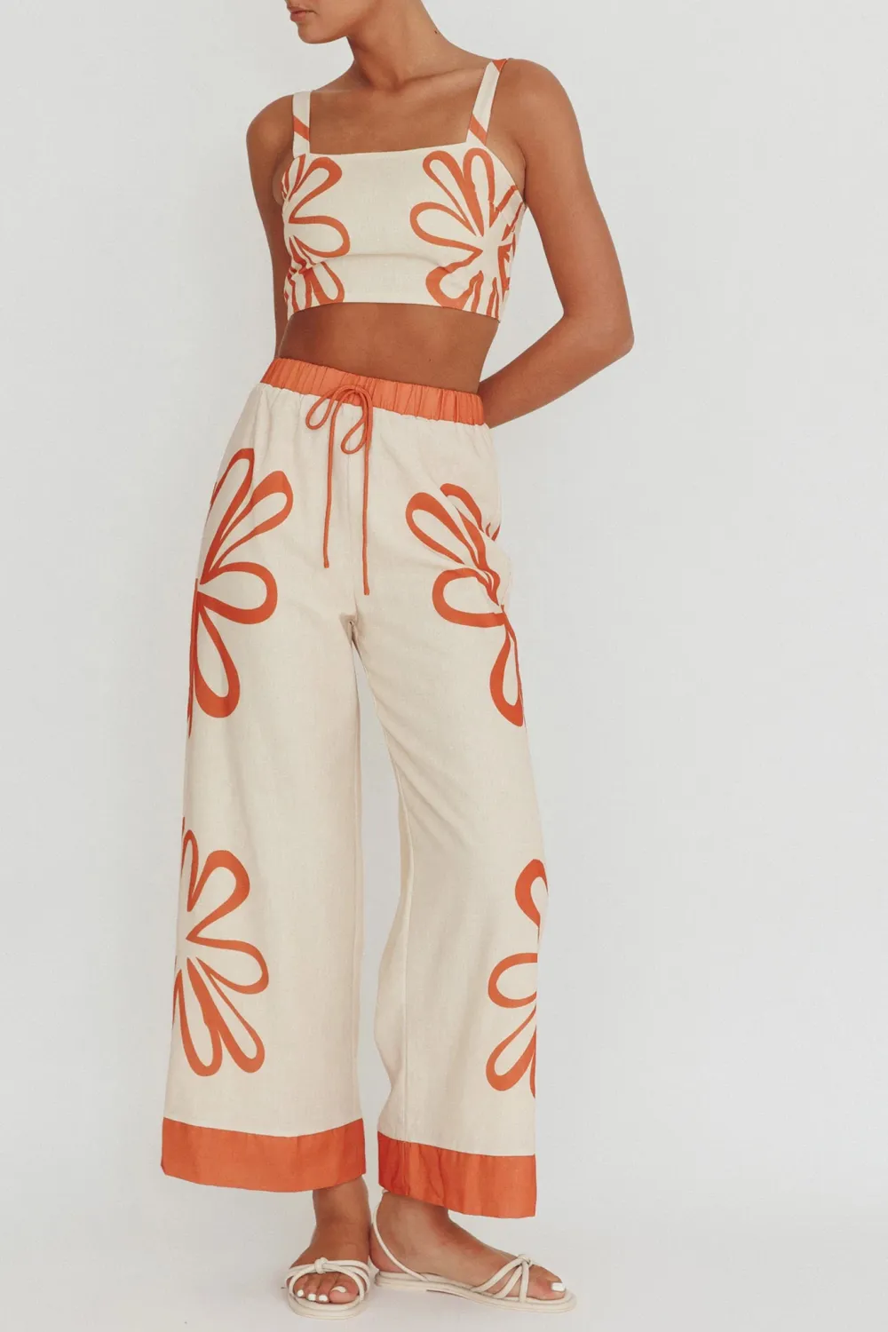 Soft Elastic Waist Plant Print Ladies Wide Leg Pants