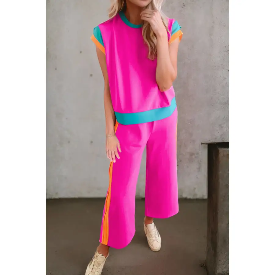Contrast Round Neck Top and Pants Set