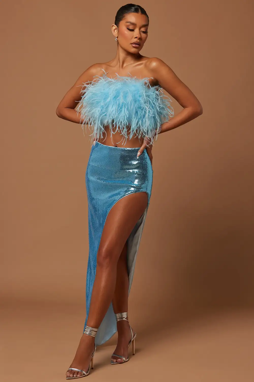 Fiona Feather Sequin Skirt Set - Light Blue