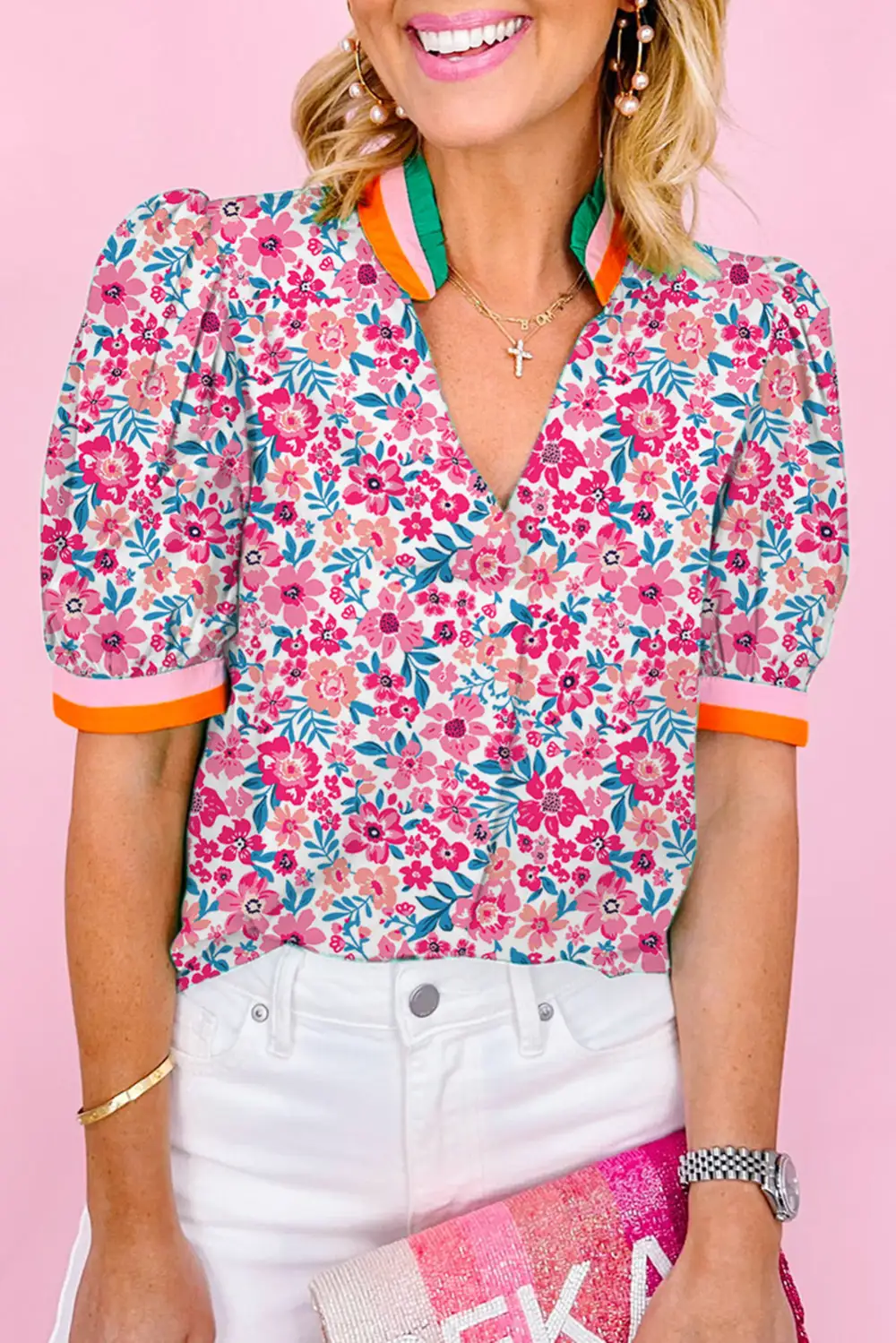 Pink Floral Print Contrast Striped Detail Short Sleeve Blouse