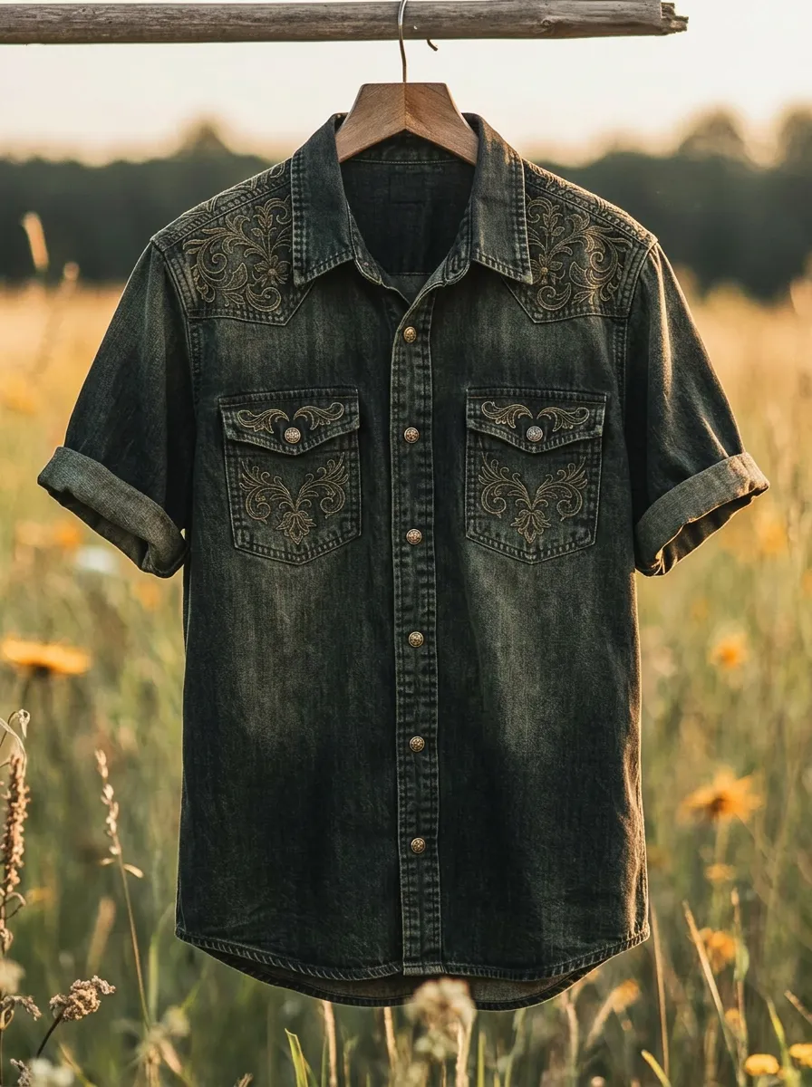 Men's Western Cowboy Floral Embroidery Printed Denim Shirt