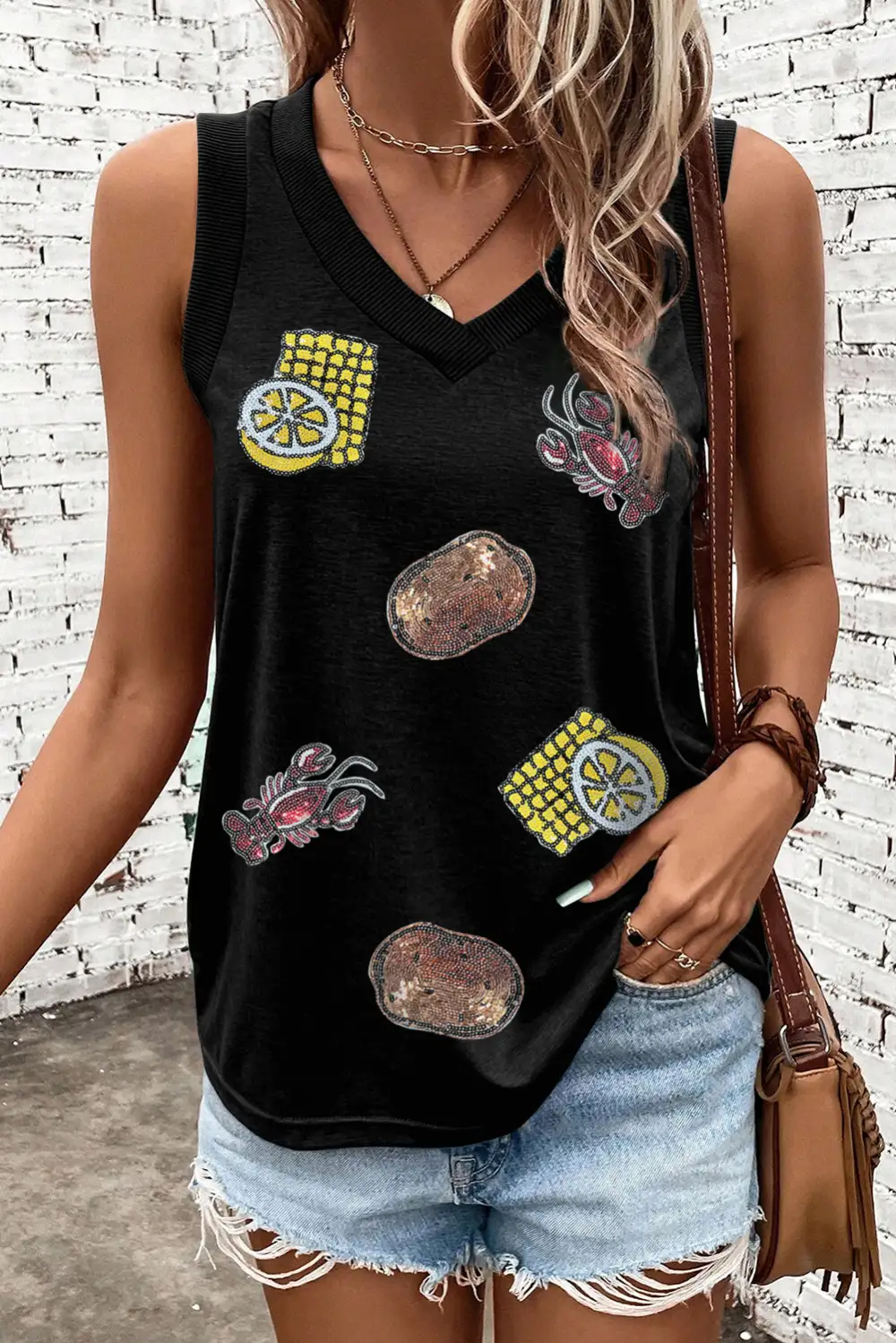 Sequined Crawfish Ribbed V Neckline Tank Top