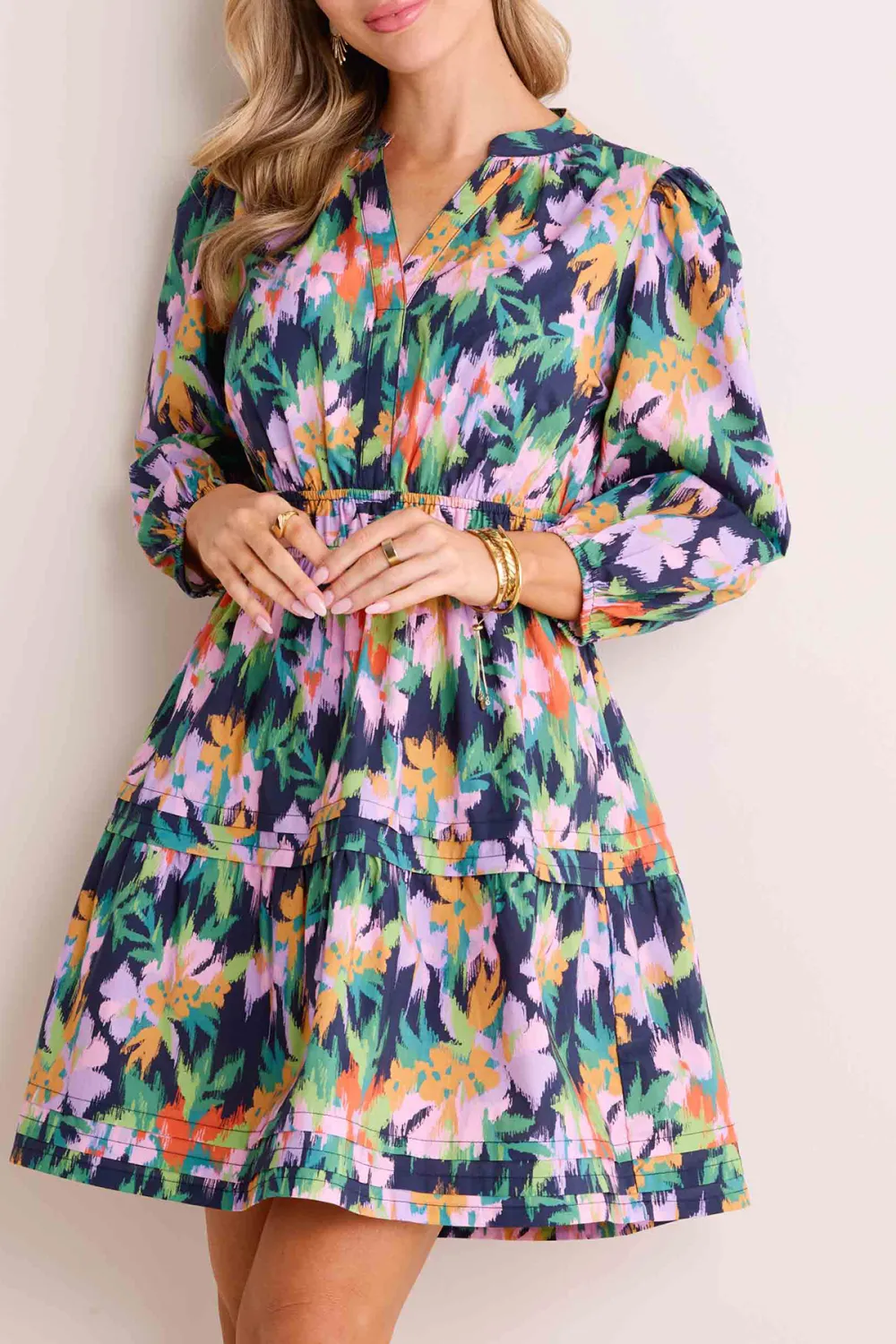 Floral Print Long Sleeve Tiered Dress