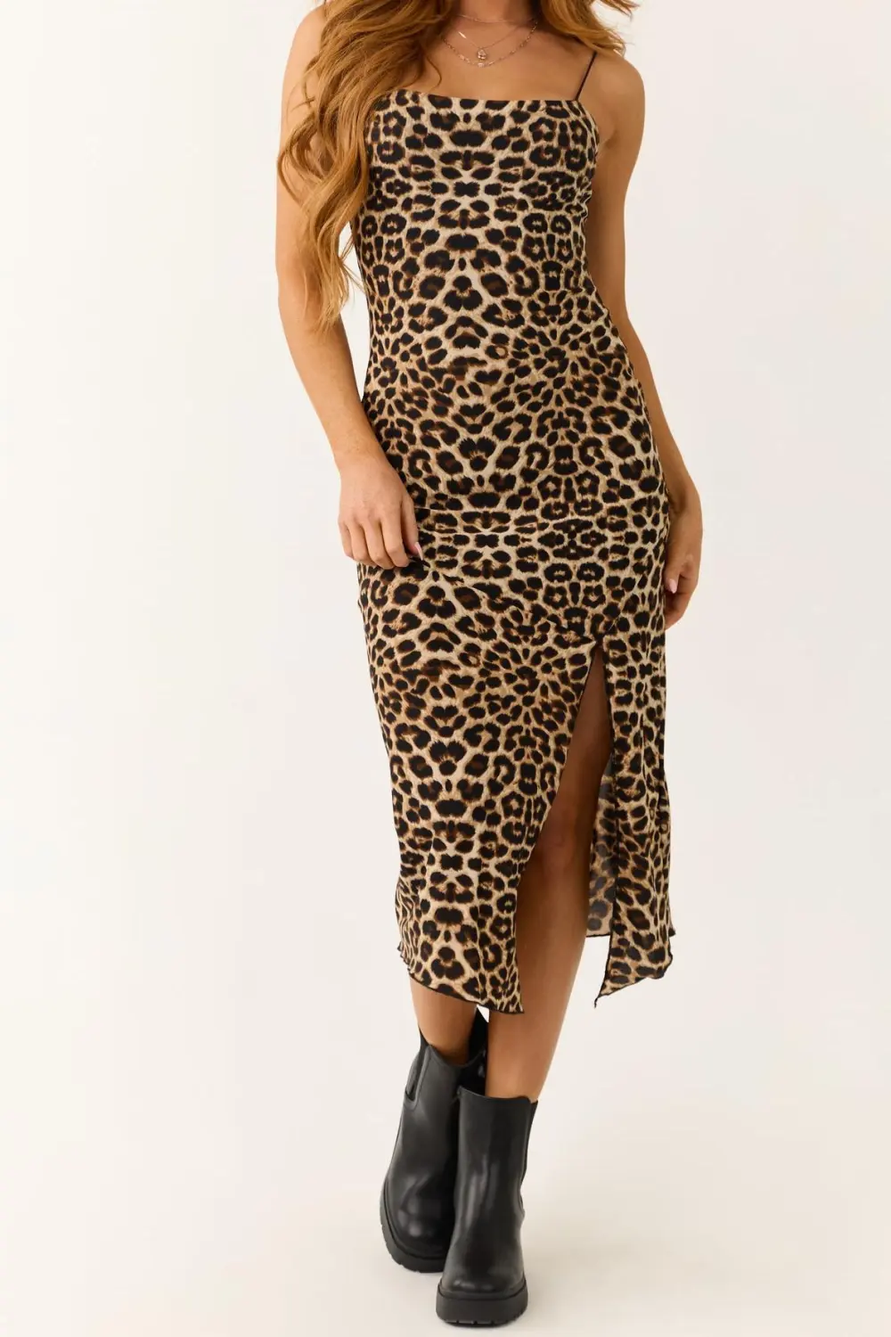 Camel Leopard Print Sleeveless Fitted Midi Dress