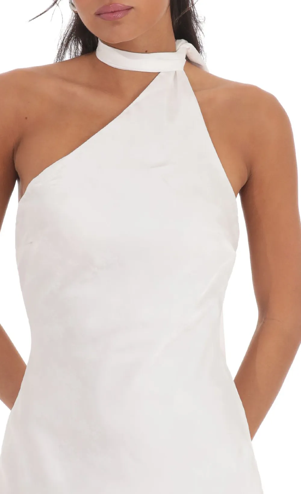 Satin Jacquard Scarf Halter Dress In White