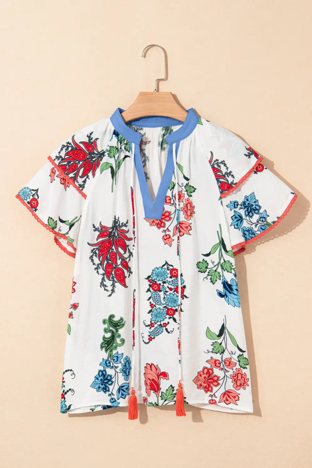 White Floral Print Contrast V Neck Tassel Tie Lace Detail Short Sleeve Blouse