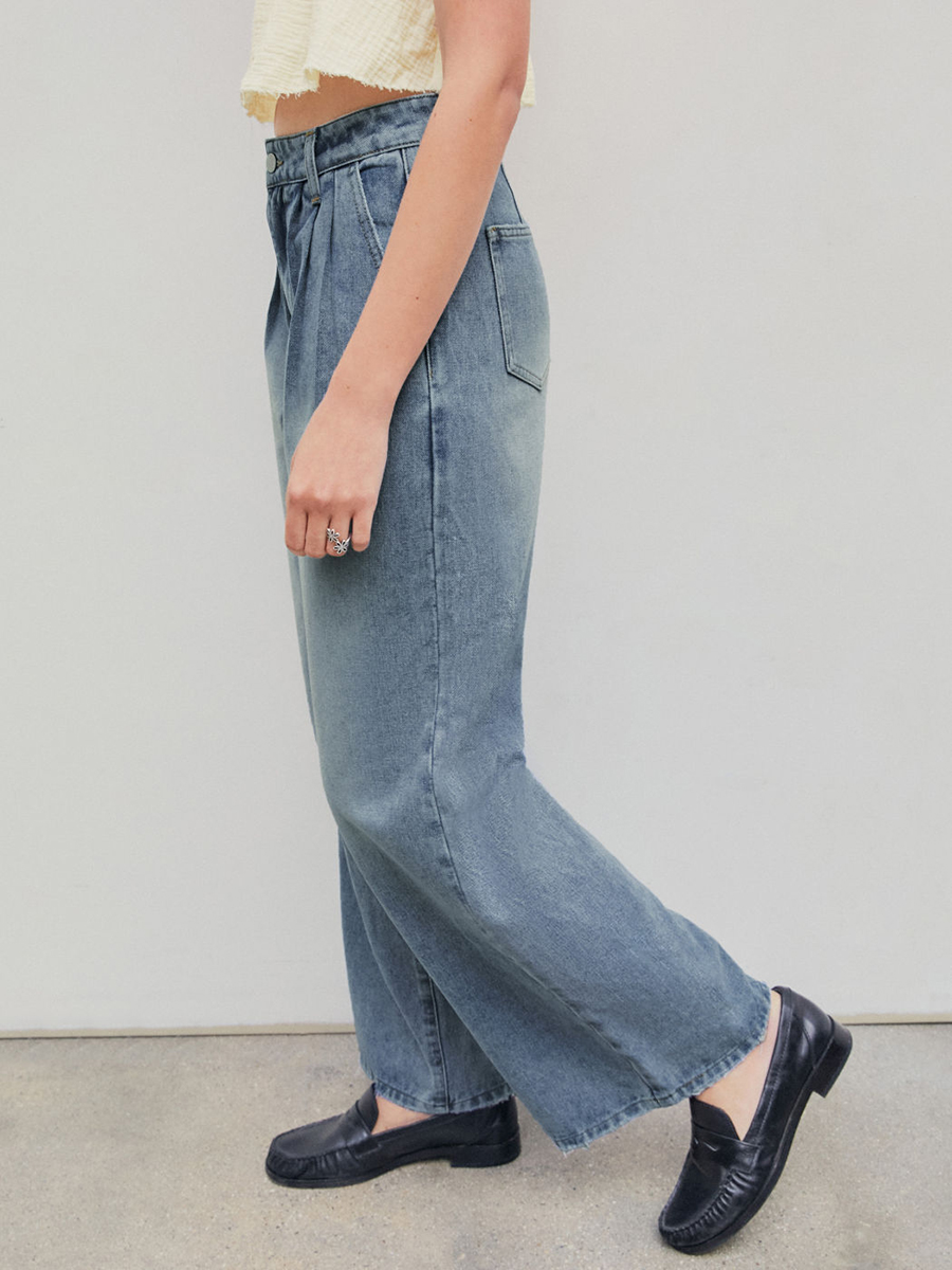 Denim Pleated Straight Leg Jeans