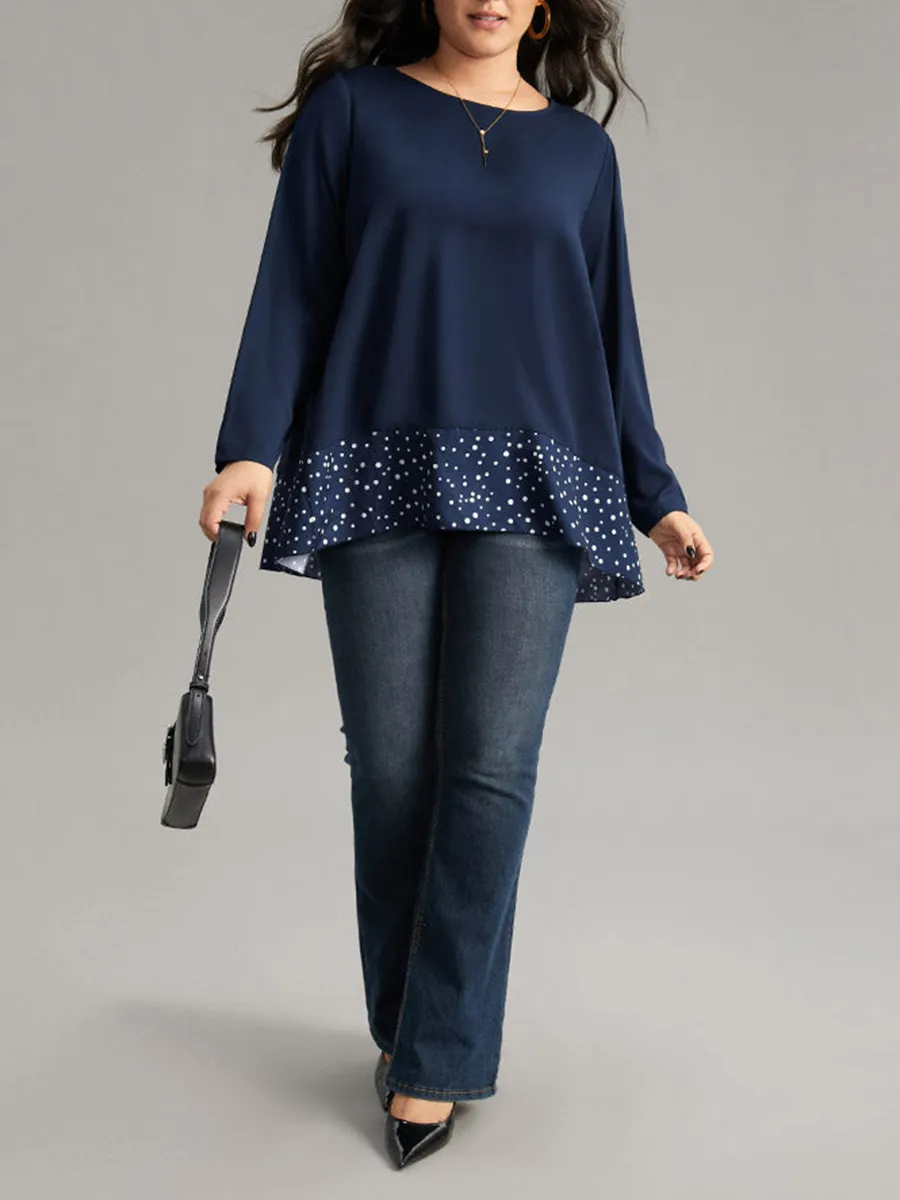 Long Sleeve Loose Polka Dot Stitching Top T-Shirt