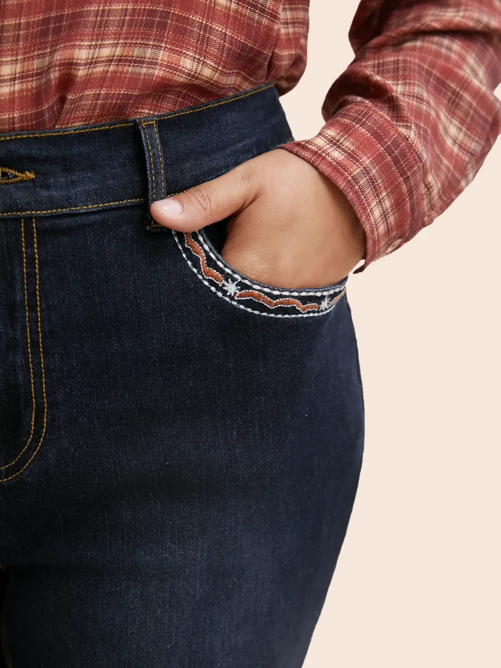 Stretch Denim Front Embroided Pockets Flare Jeans