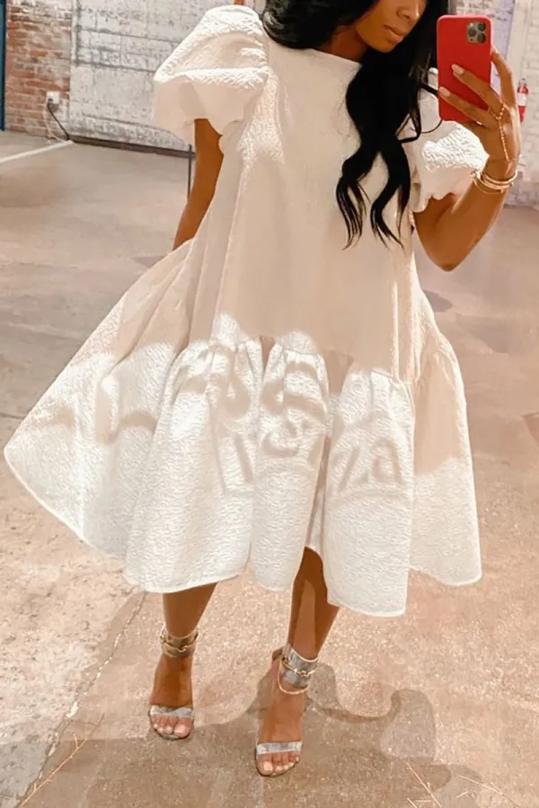Women‘S Plus Size Magenta Daily Puff Sleeve Round-Neck Ruffle Midi Dresses