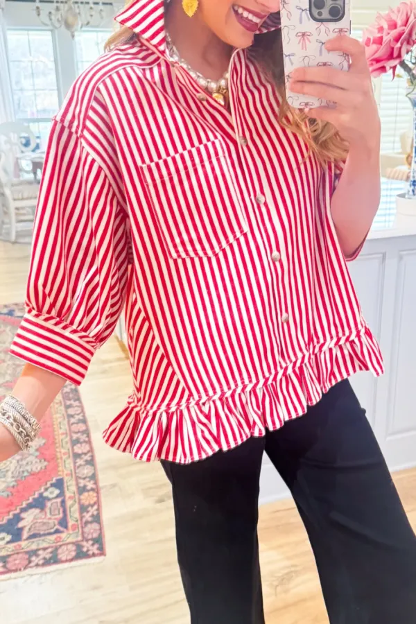 Striped Ruffle Twill Blouse