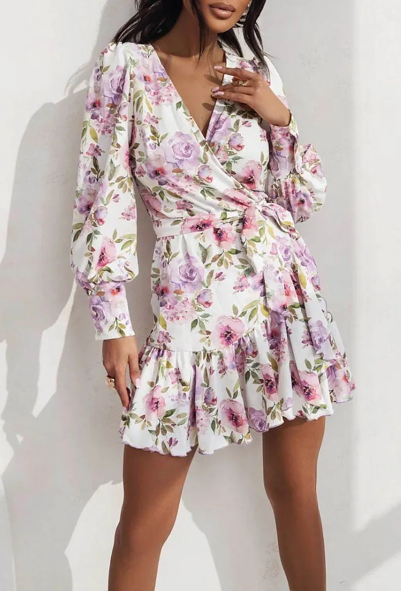 Short Wrap Dress With Sweetheart Neckline, Waist Tie And Ruffle Hem