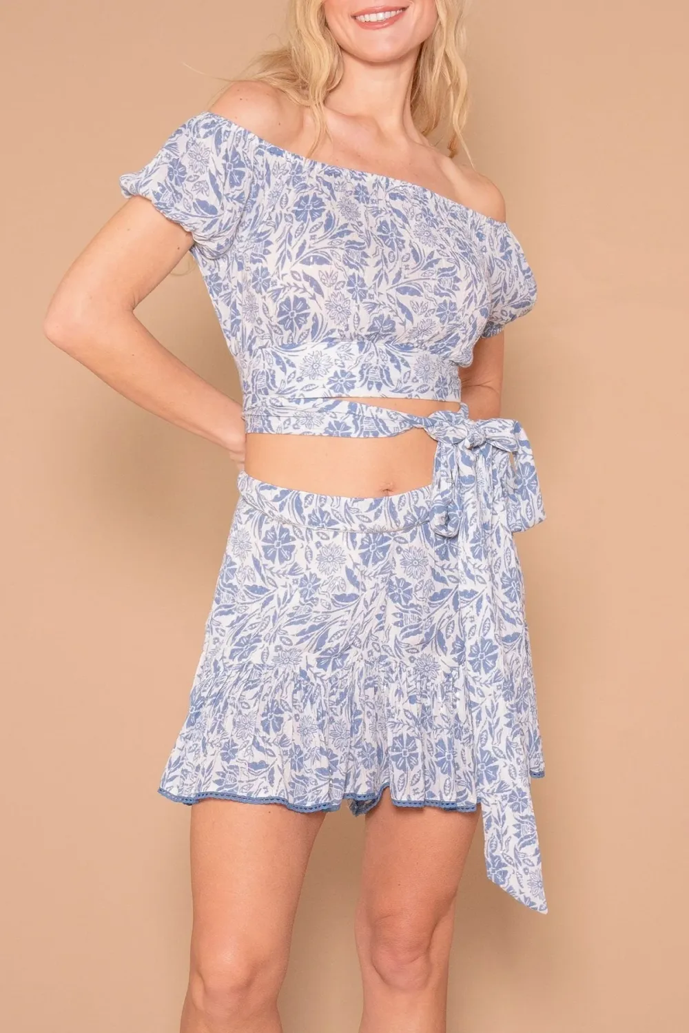 Light Blue and White Print Off Shoulder Crop Top
