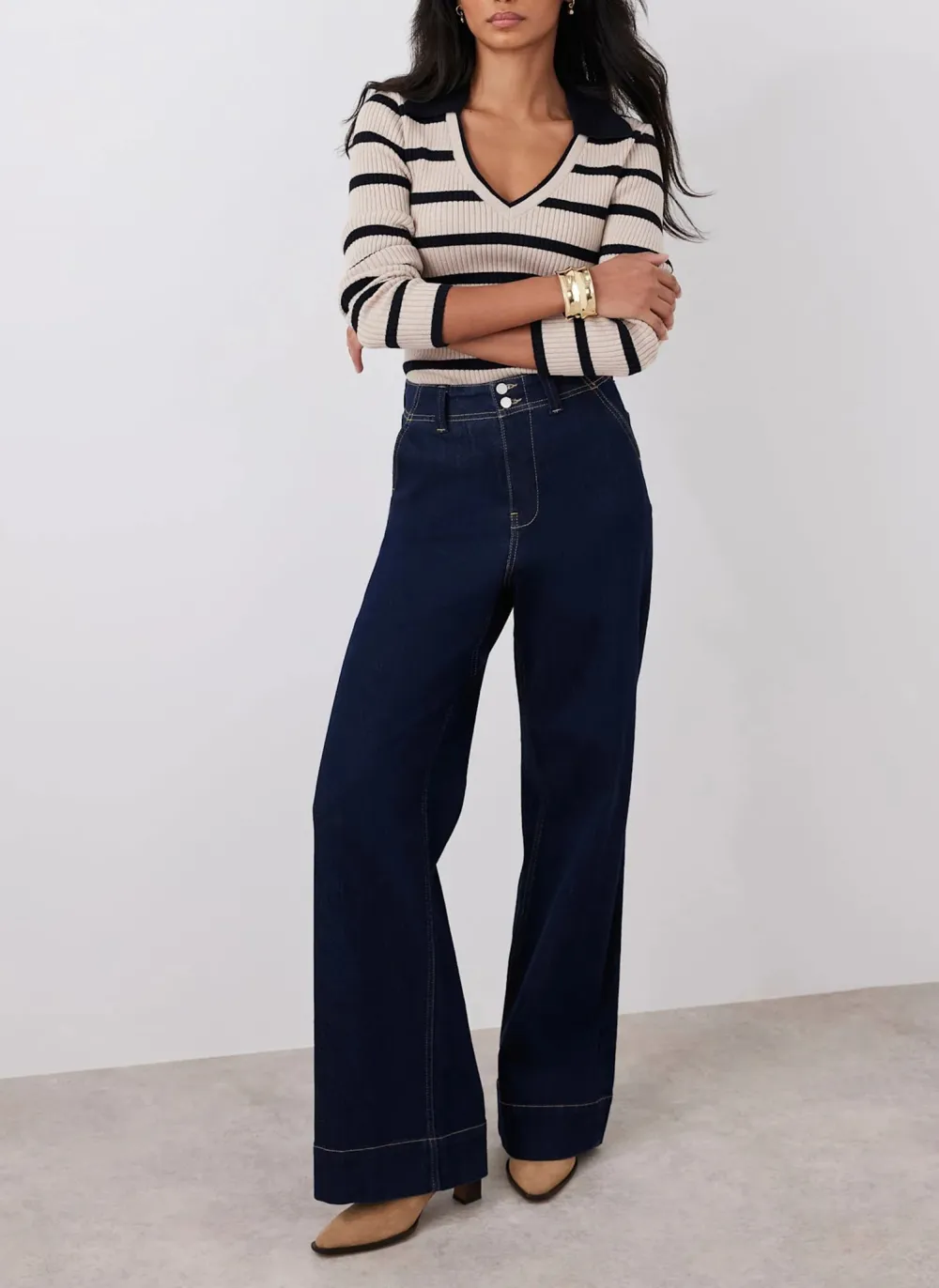 Casual Style Cream Cotton Blend Striped Ribbed Top