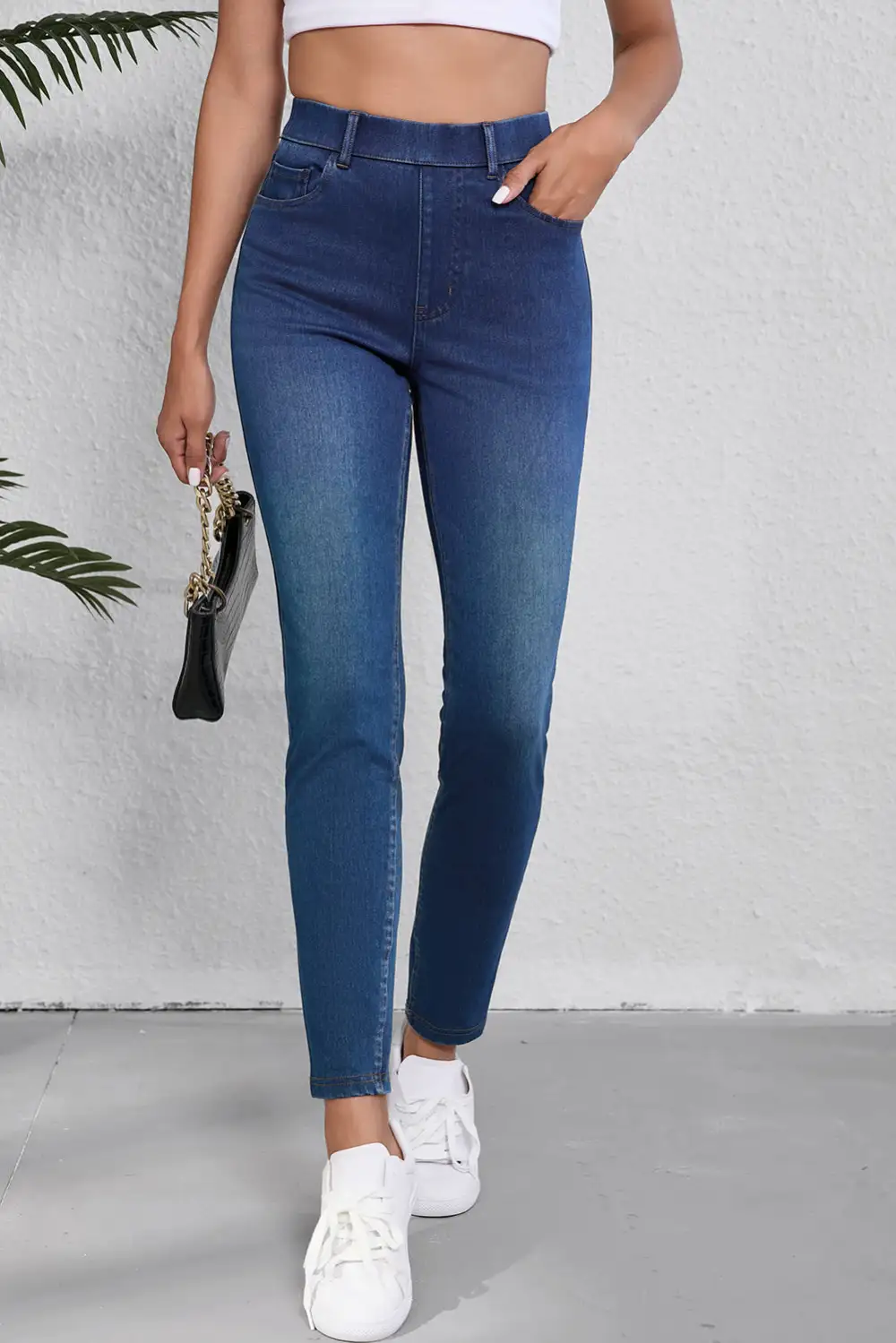Blue Multiple Pockets Straight Leg Washed Stretchy Knit Casual Jeans