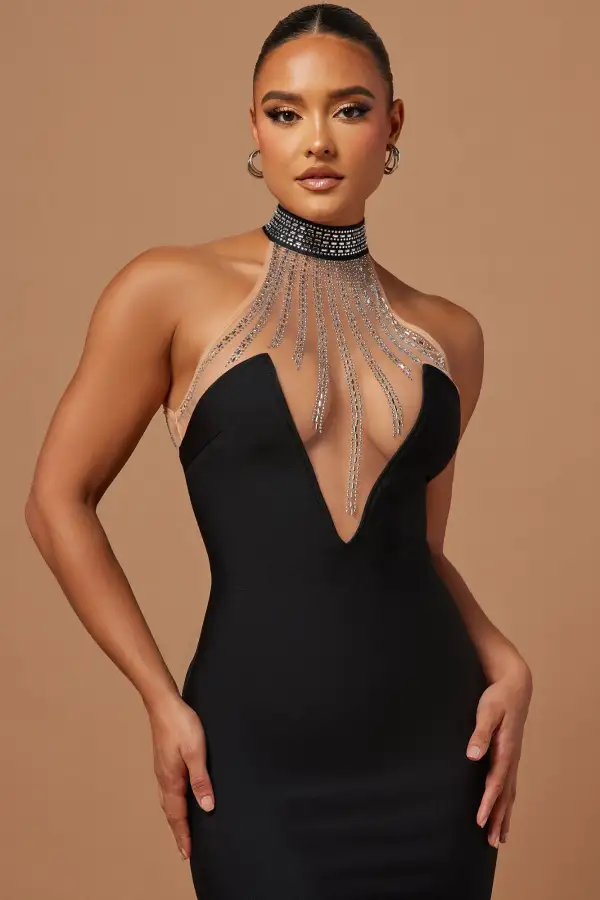 Lina Embellished Bandage Midi Dress - Black