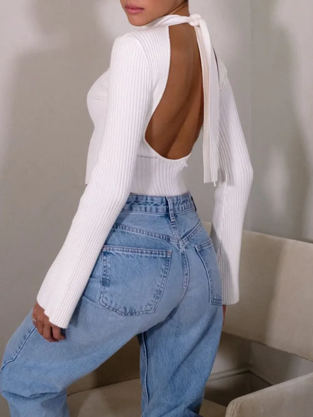 Backless High Neck Knit Top