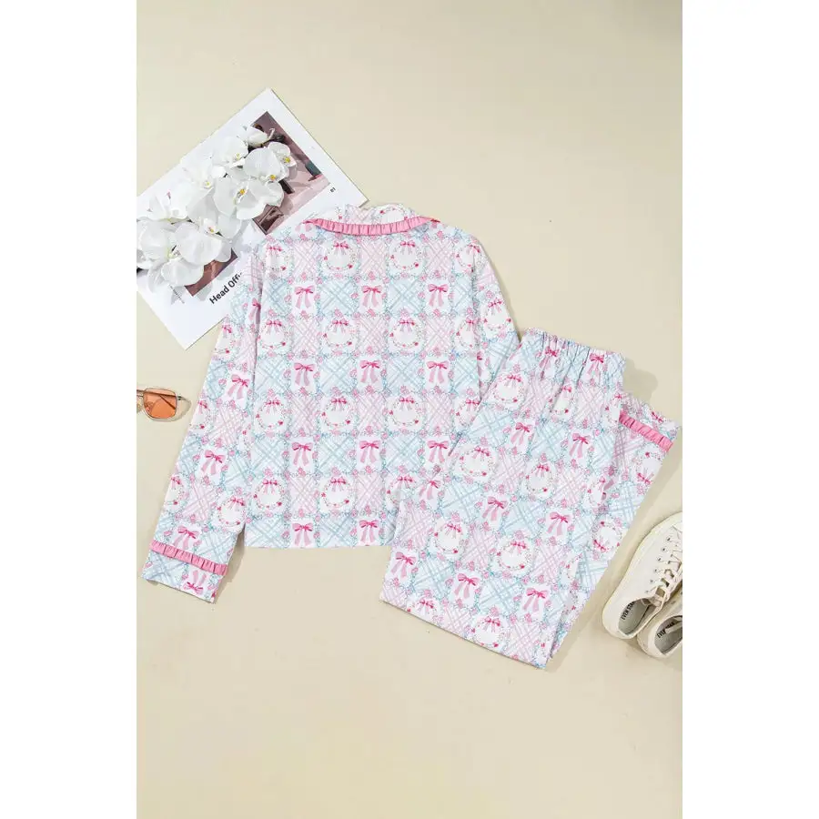 Wreath Pattern Christmas Tied Front Long Sleeve Pcs Pajama Set