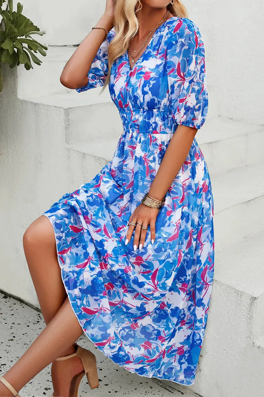 Smocked Printed V Neck Casual Dress